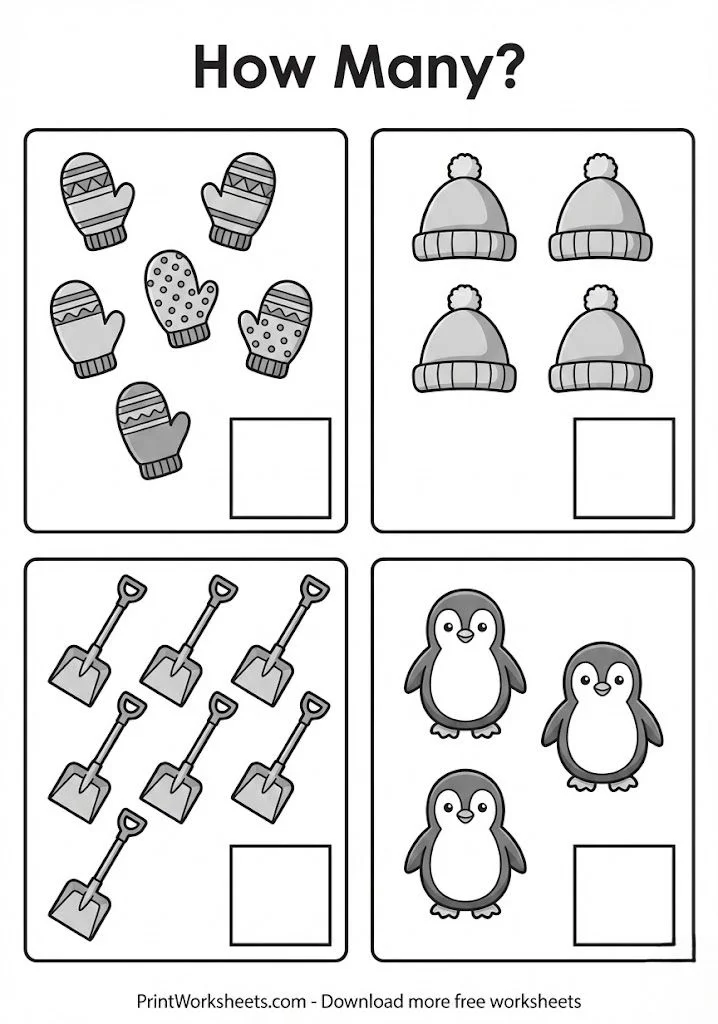 Preschool counting worksheet winter objects