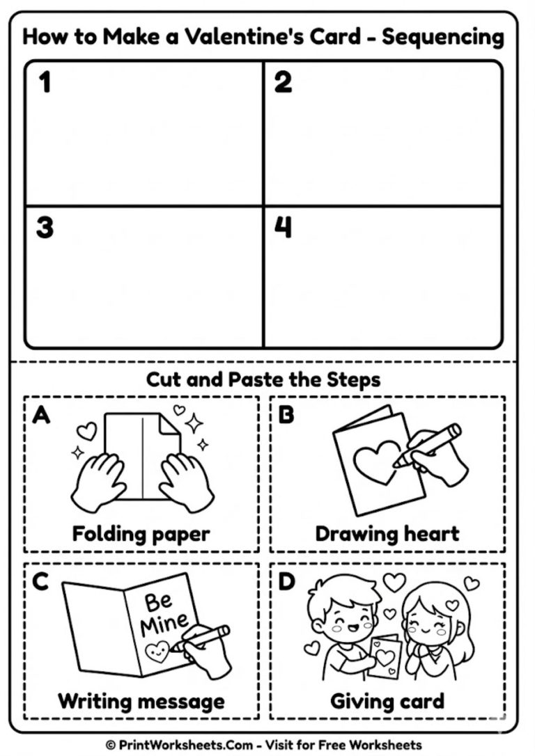 Sequencing story worksheet for kids showing 4 steps to make a Valentine card.