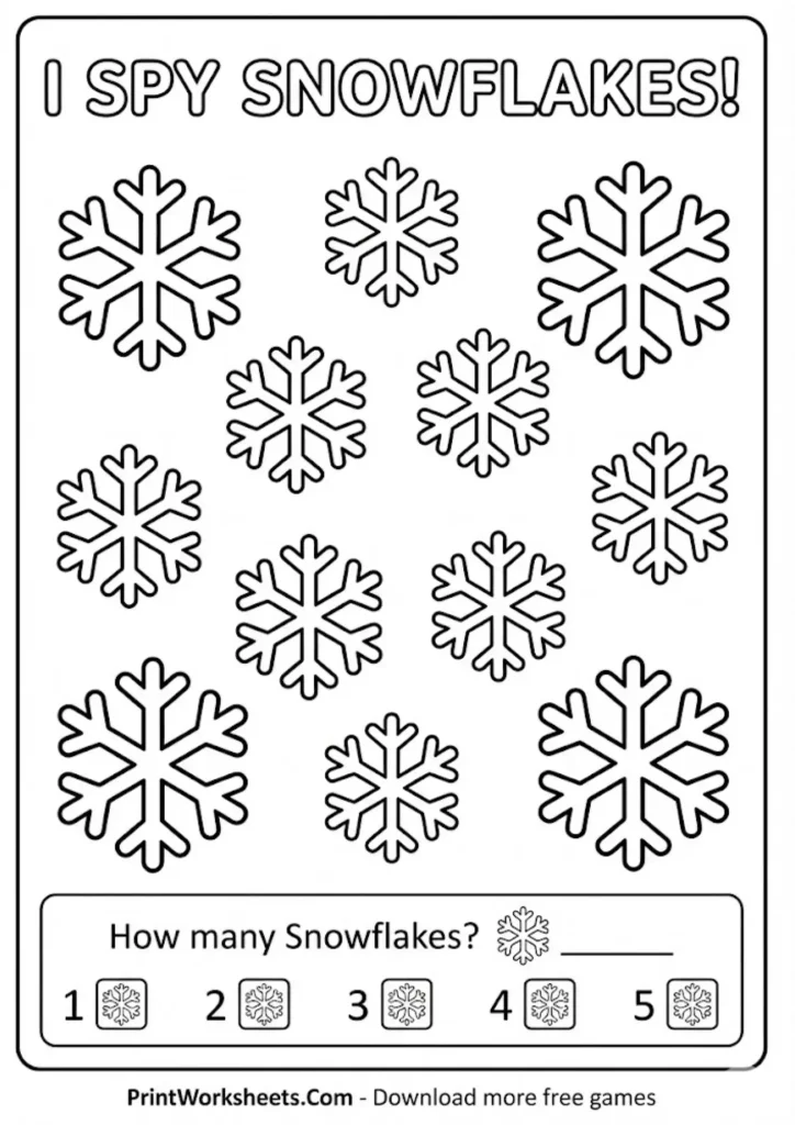Easy snowflake counting worksheet for preschool