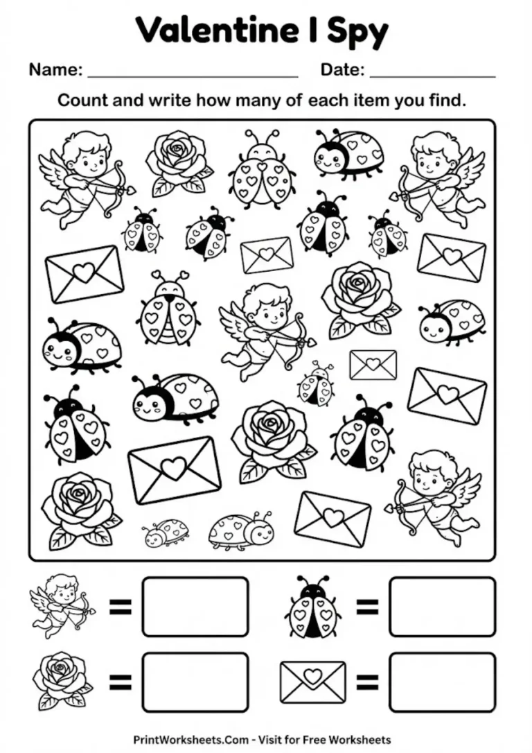 I Spy counting activity worksheet finding hidden valentine objects.