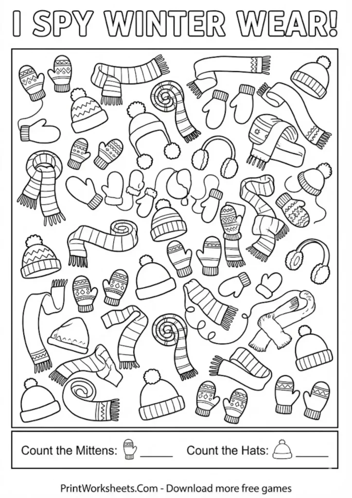 Winter clothing I spy counting worksheet