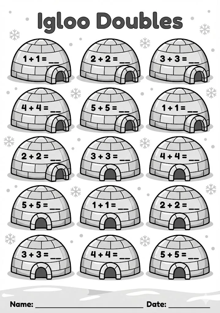 Igloo themed doubles addition facts worksheet