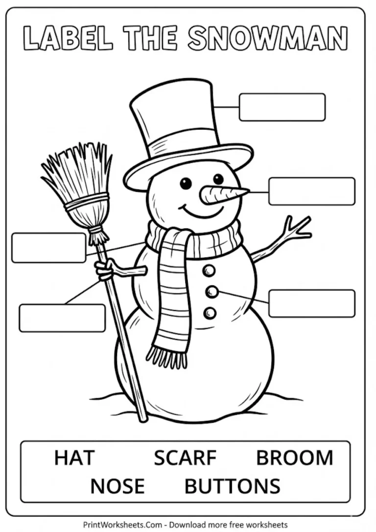 Label the snowman parts winter vocabulary worksheet