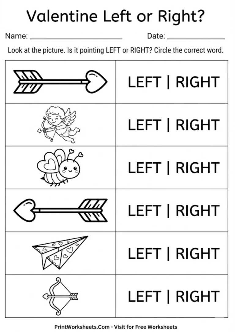 Spatial awareness worksheet identifying left and right pointing arrows.