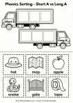 Phonics sorting worksheet distinguishing between long A and short A vowel sounds using mail trucks.