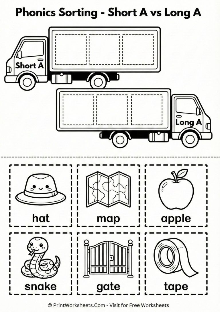 Phonics sorting worksheet distinguishing between long A and short A vowel sounds using mail trucks.