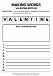 Spelling activity worksheet challenging kids to make new words from the letters in VALENTINE.