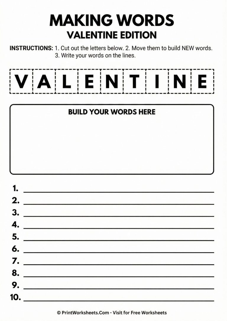 Spelling activity worksheet challenging kids to make new words from the letters in VALENTINE.