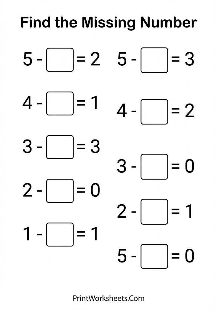 missing-number-subtraction-within-5_PrintWorksheets.com Missing number subtraction worksheets within 5 for kindergarten critical thinking.