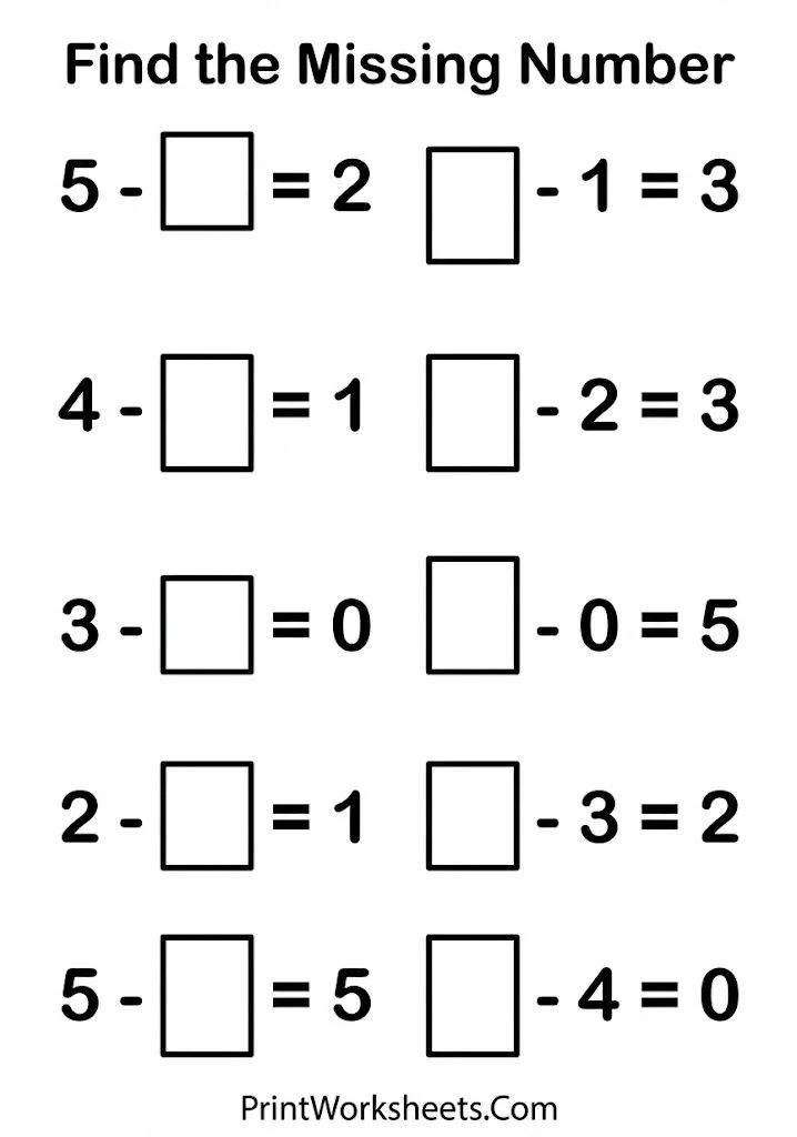 Missing number subtraction worksheet within 5 algebra readiness.