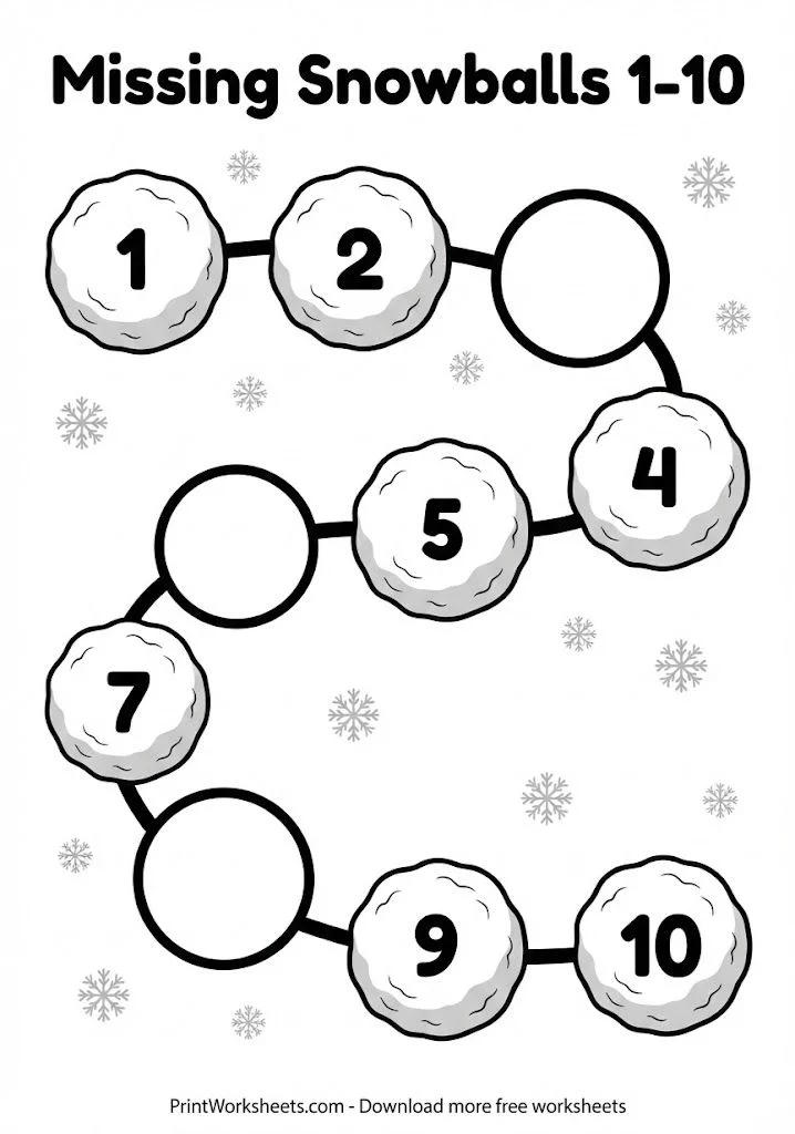 Fill in the missing numbers 1-10 winter worksheet