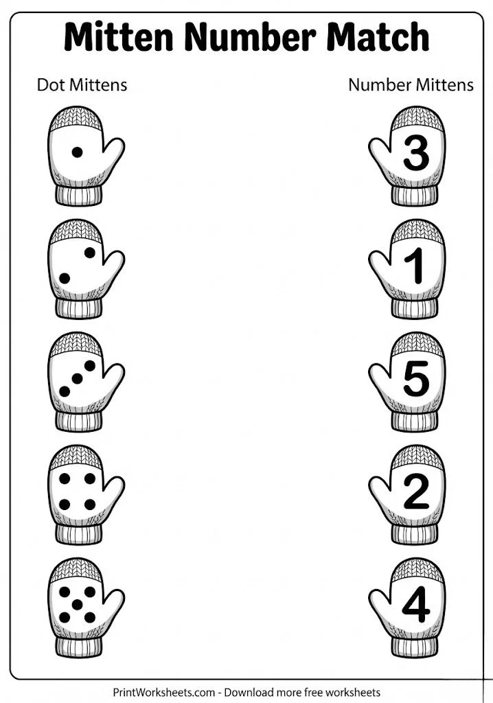 Matching dots to numbers mitten worksheet