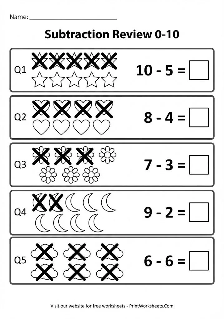 Mixed picture subtraction within 10 review worksheet.