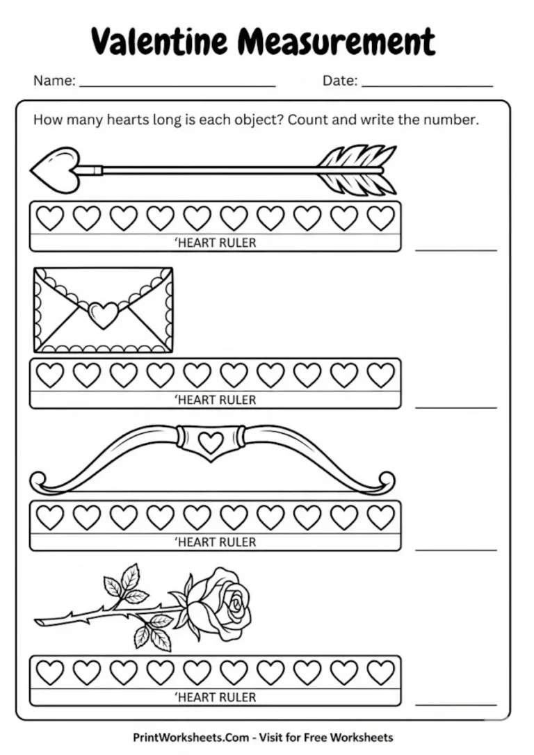 Non-standard measurement worksheet measuring items using heart units.
