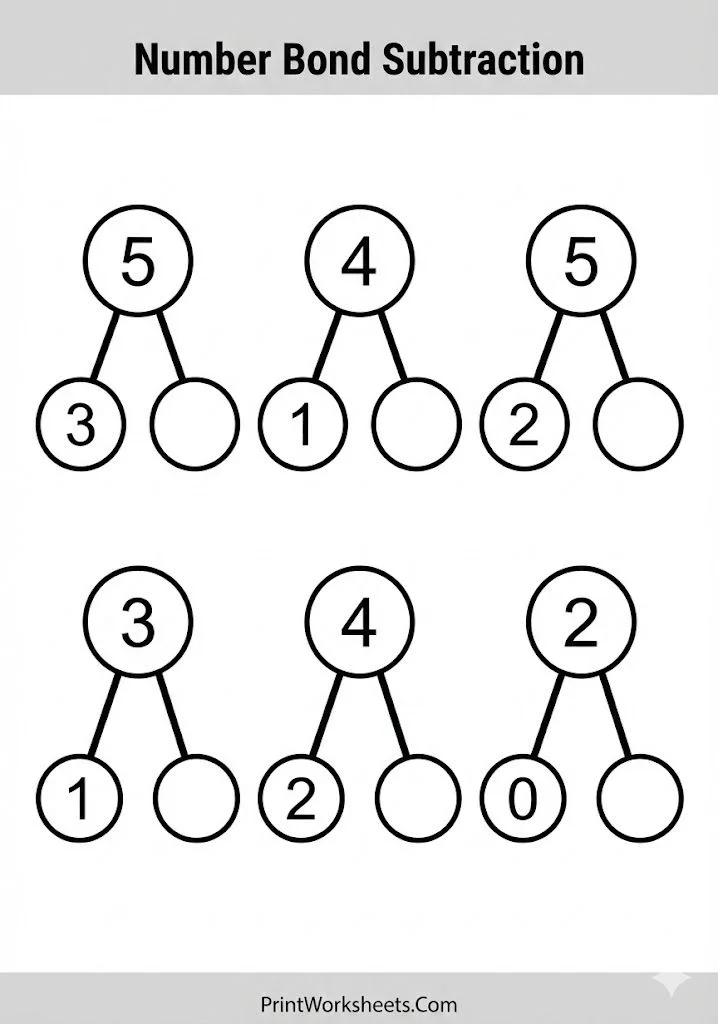 Number bond subtraction worksheet within 5 part part whole.