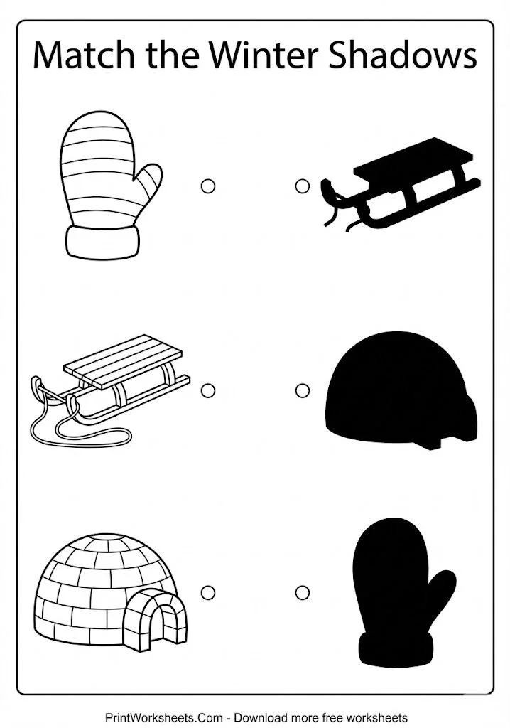 Winter object shadow matching printable