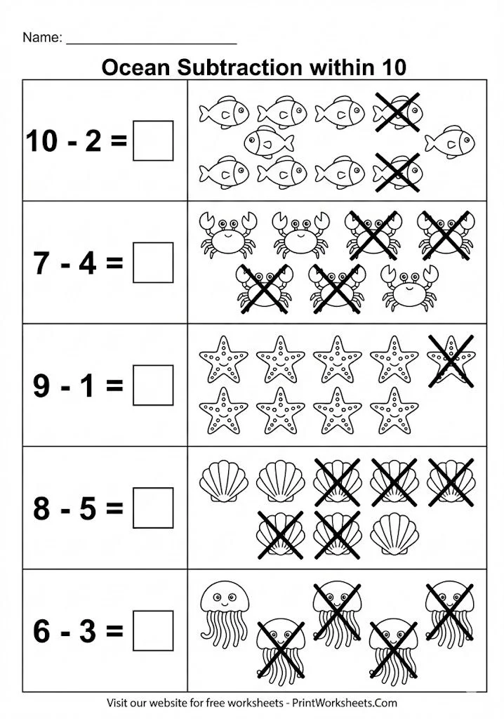 Under the sea picture subtraction worksheet within 10.