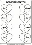 Vocabulary worksheet matching antonyms on heart halves.