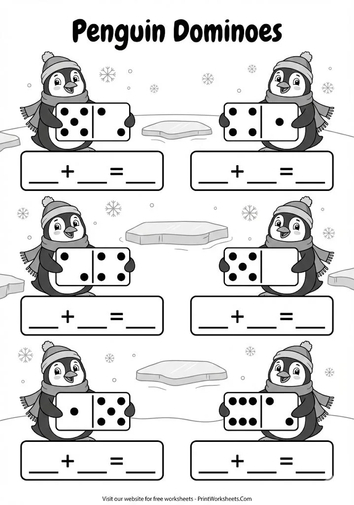 Penguin themed domino addition worksheet