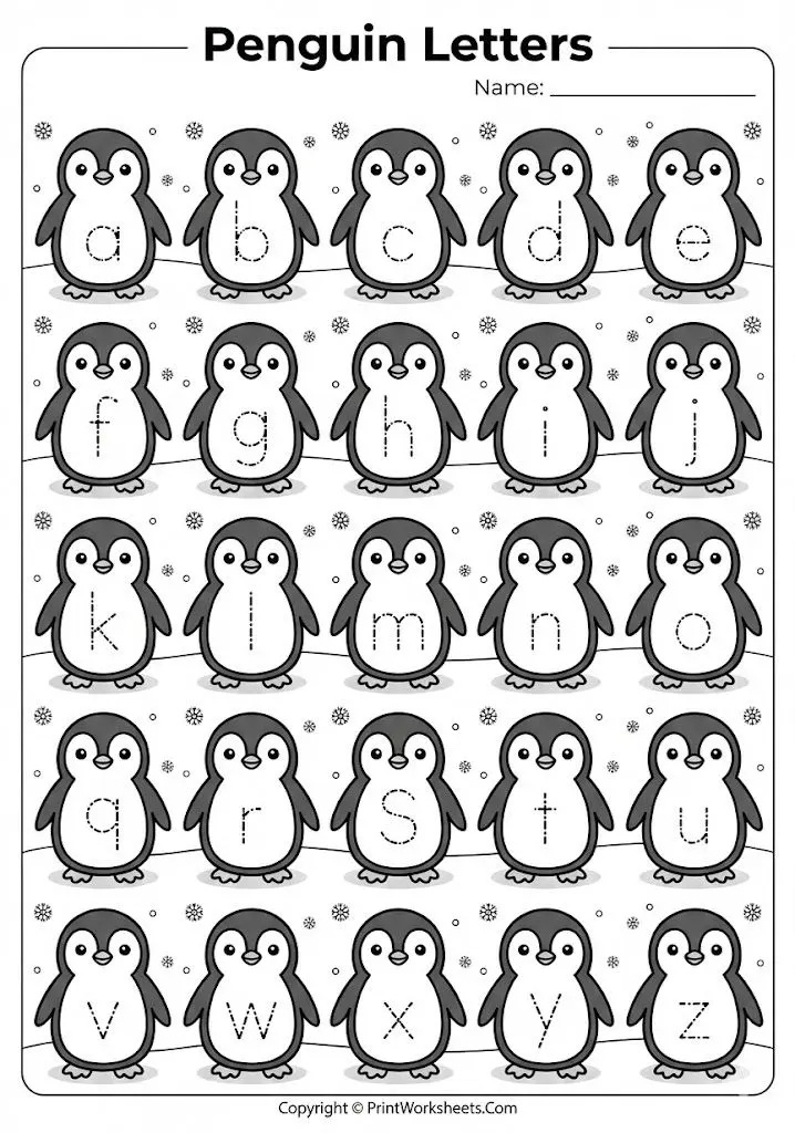 penguin-lowercase-alphabet-tracing penguin lowercase alphabet tracing winter worksheet