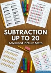 Picture subtraction worksheets up to 20 scattered on a desk.