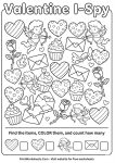 Printable Valentine's Day I-Spy game worksheet for preschool kids showing hidden hearts and cupids to count.