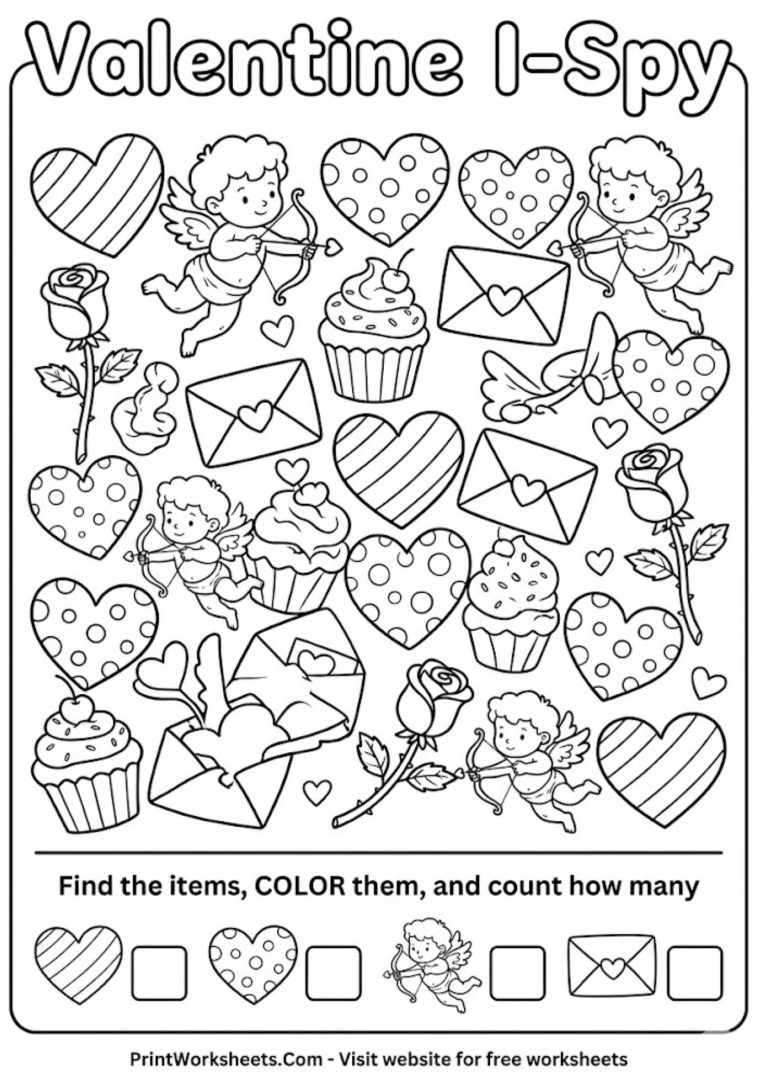 Printable Valentine's Day I-Spy game worksheet for preschool kids showing hidden hearts and cupids to count.