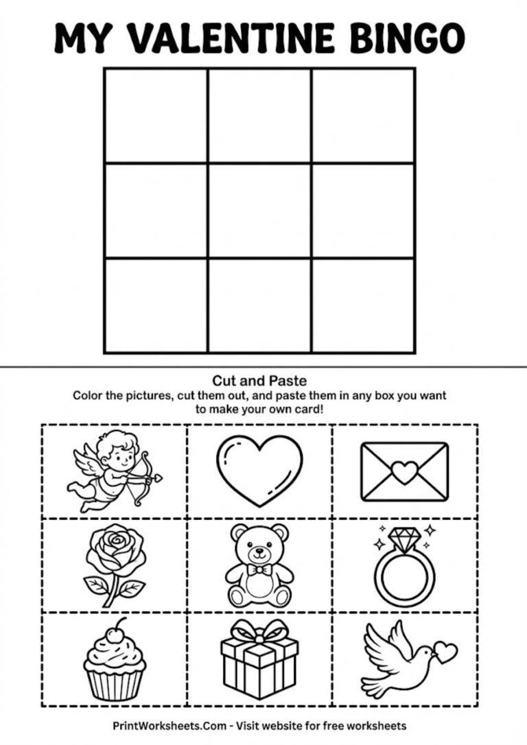 Printable Valentine's Day bingo card template designed for classroom party games.