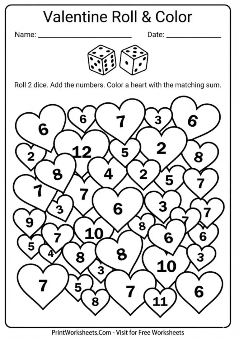Roll and color addition game worksheet for interactive math learning.