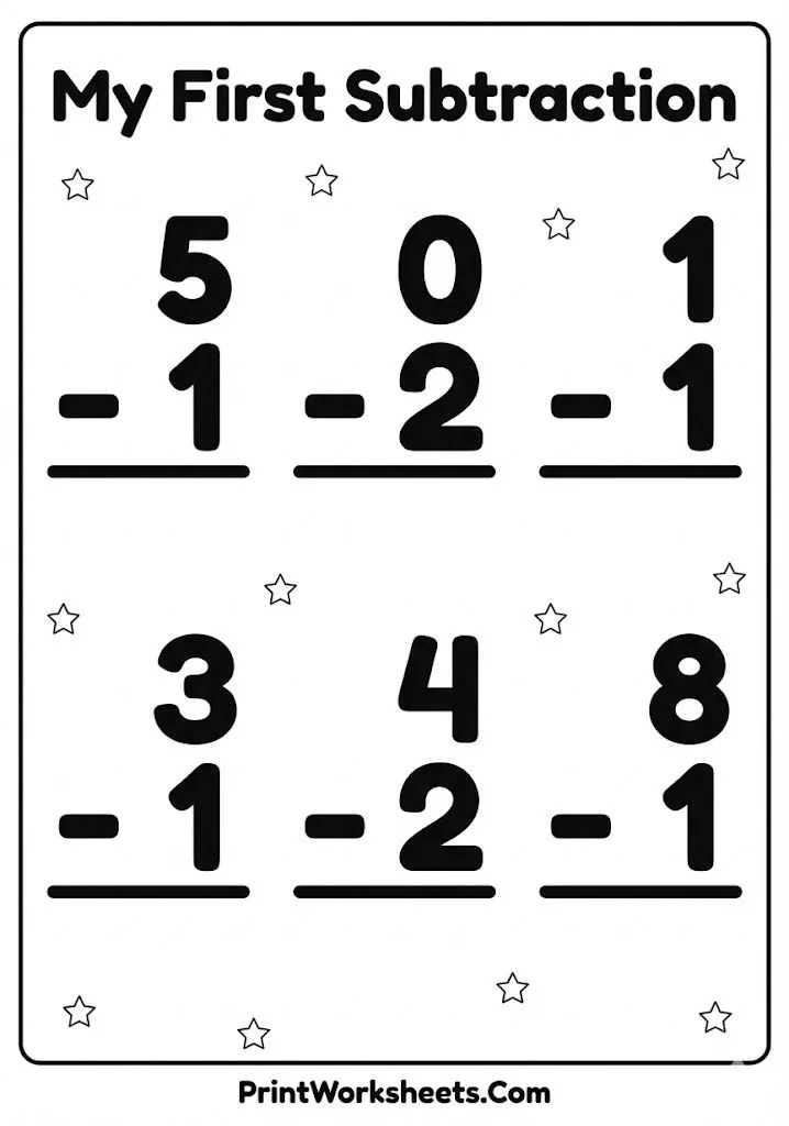 simple-subtraction-within-5-worksheets-large_PrintWorksheets.com Simple subtraction within 5 worksheets with large numbers for preschool.