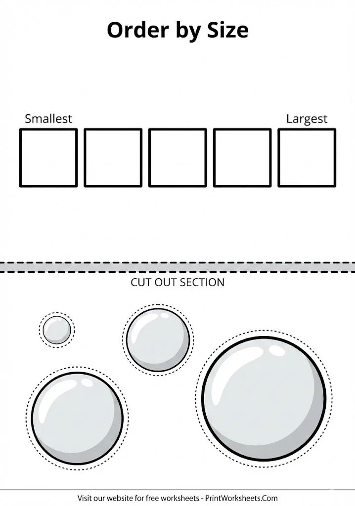 Ordering snowballs by size cut and paste worksheet.