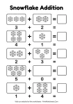 Counting snowflakes addition worksheet for kindergarten.