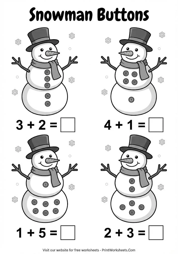 Snowman button addition worksheet for preschool and kindergarten