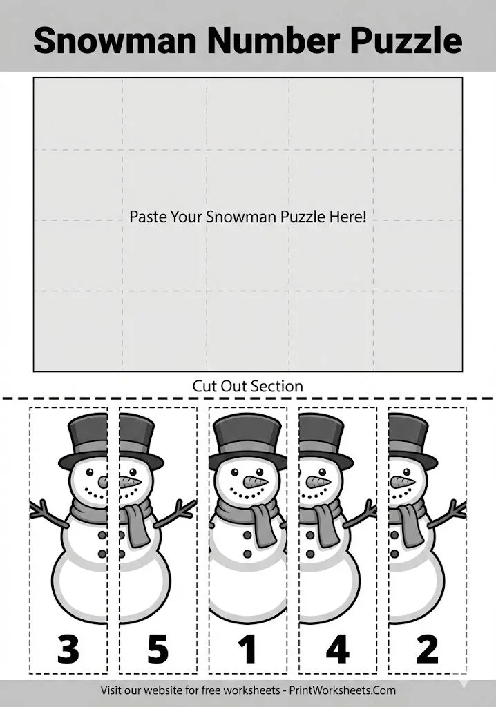 Snowman number strip puzzle 1-5 cut and paste.