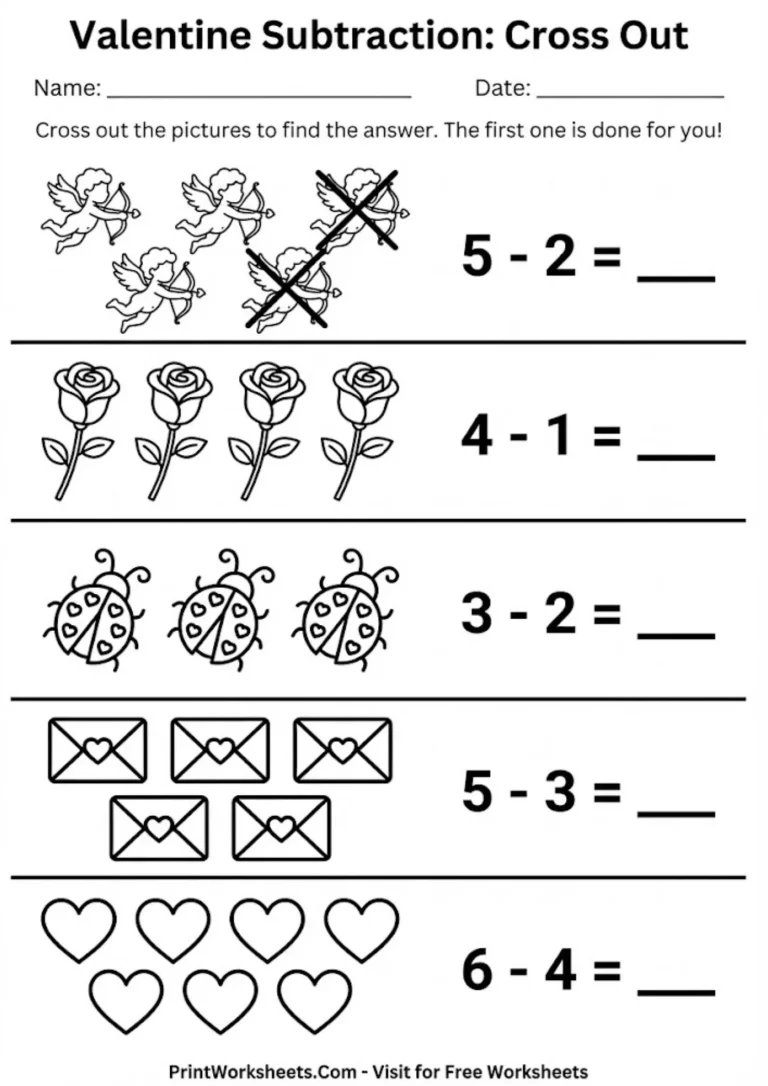 Visual subtraction worksheet teaching the cross-out strategy with valentine items.