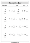 Subtraction within 5 quiz worksheet with score box for assessment.