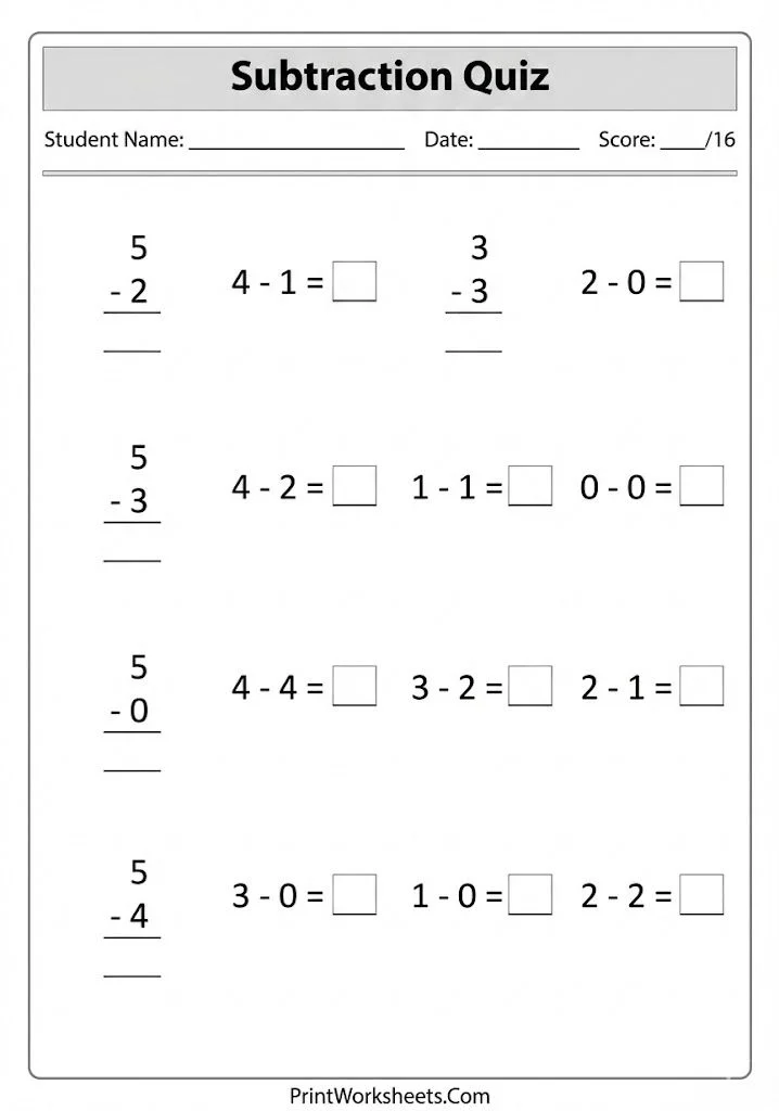 subtraction-within-5-quiz-test_PrintWorksheets.com Subtraction within 5 quiz worksheet with score box for assessment.