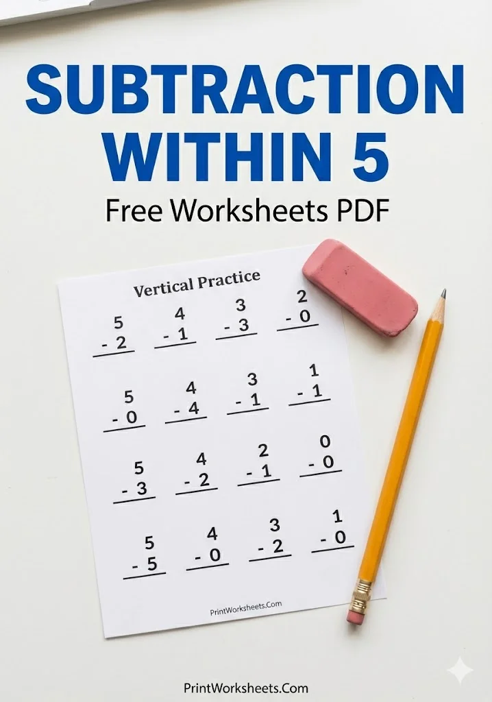 subtraction-within-5-worksheets-cover_PrintWorksheets.com Free Subtraction Within 5 Worksheets (PDF Drills for Kindergarten)