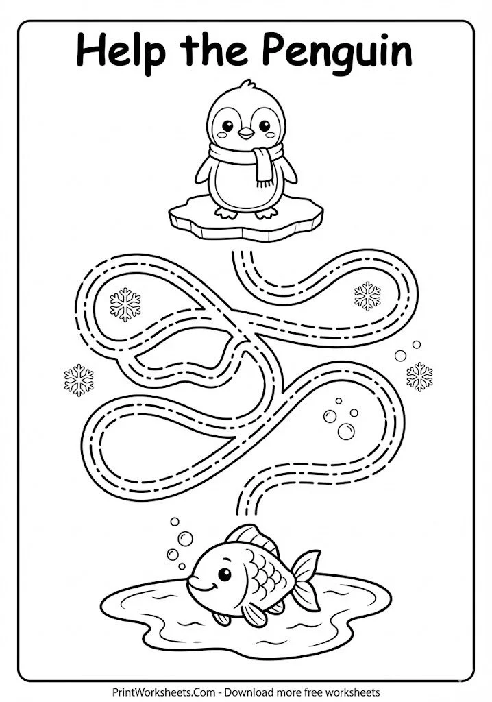 Penguin path tracing pre-writing winter worksheet