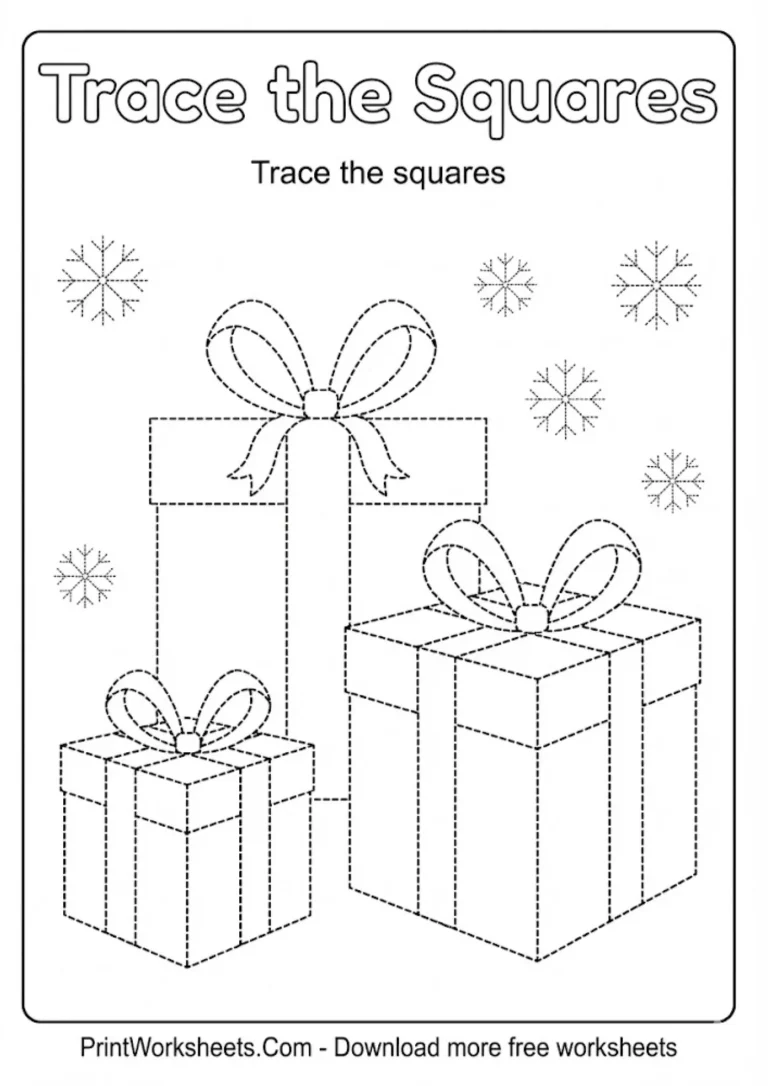 Trace the square shapes gift box worksheet