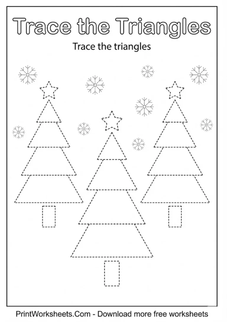 Winter tree triangle tracing worksheet for preschool