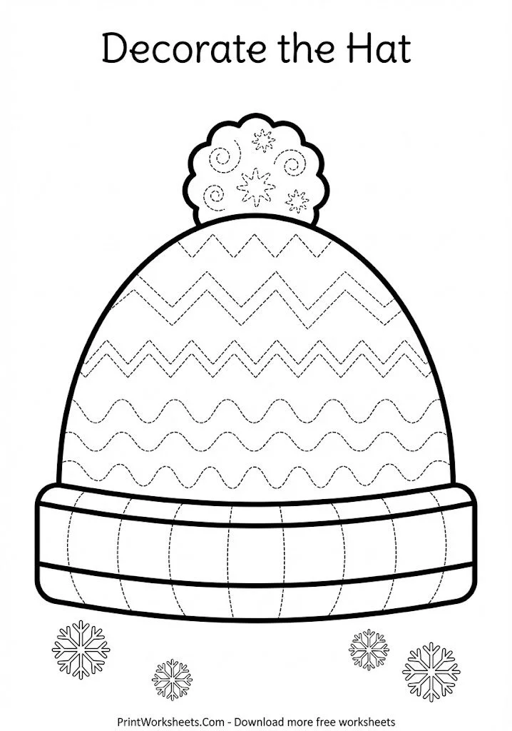 Winter hat pattern tracing activity worksheet