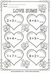 Single digit addition math worksheet with heart illustrations for 1st grade