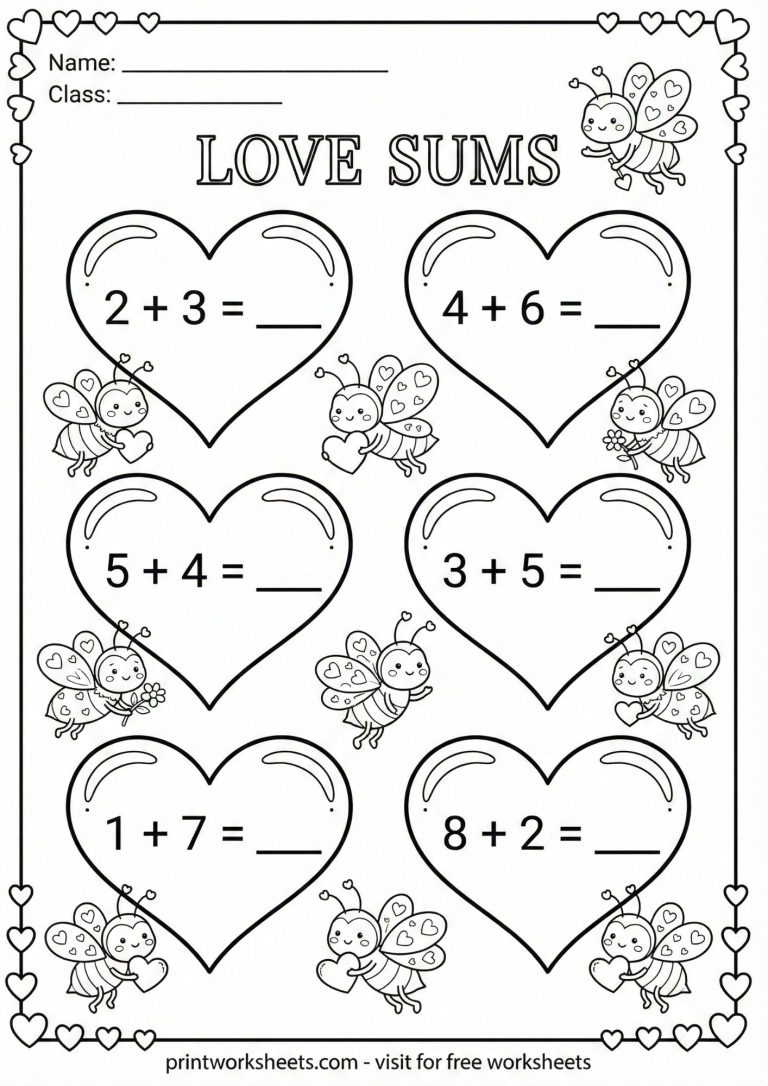 Single digit addition math worksheet with heart illustrations for 1st grade