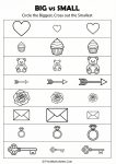 Valentine Size comparison worksheet asking kids to identify big and small objects