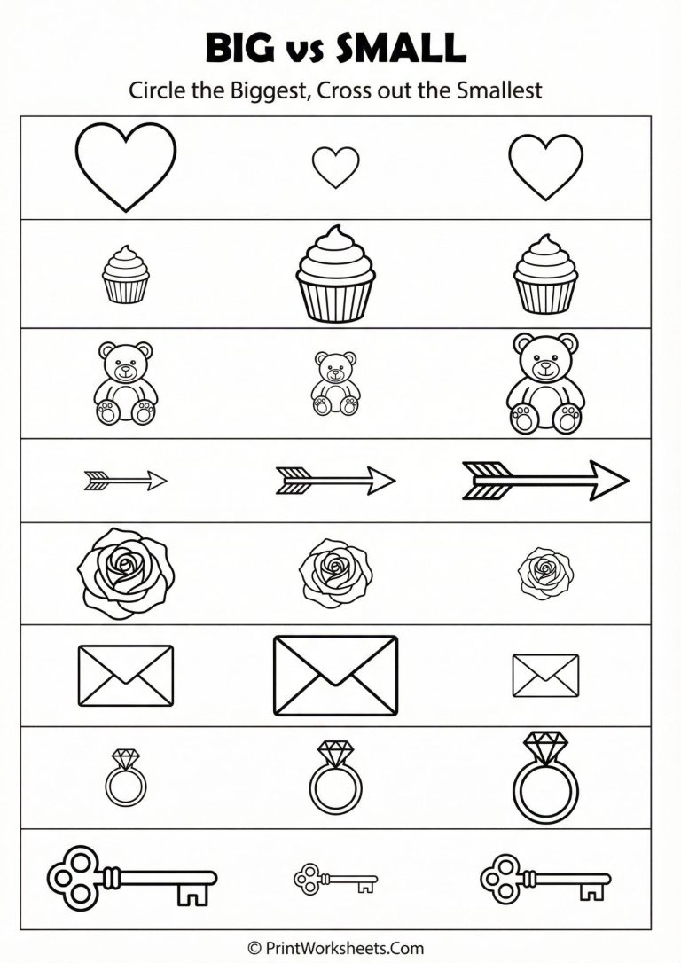 Valentine Size comparison worksheet asking kids to identify big and small objects