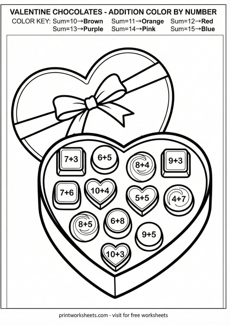 Chocolate box addition color by number, sums to 15 for 1st grade