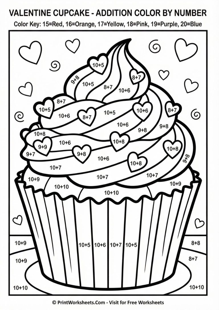 Cupcake addition color by number up to 20, Valentine math for 1st grade
