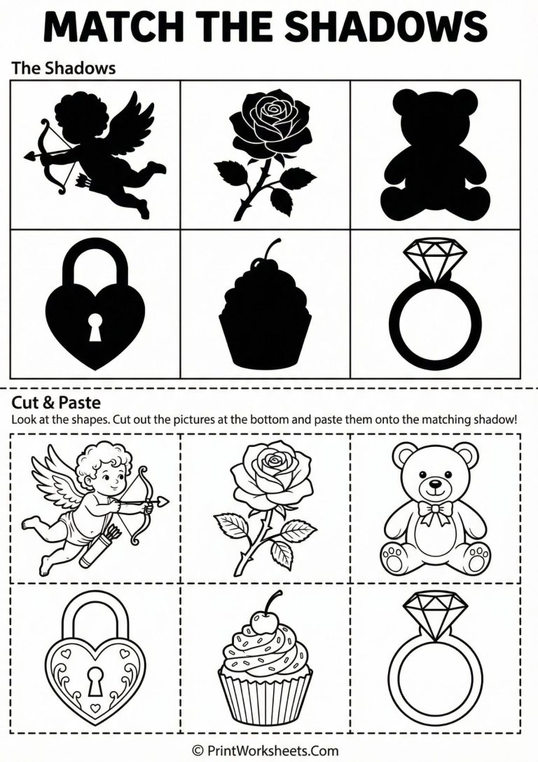 valentine days shadow matching game printable
