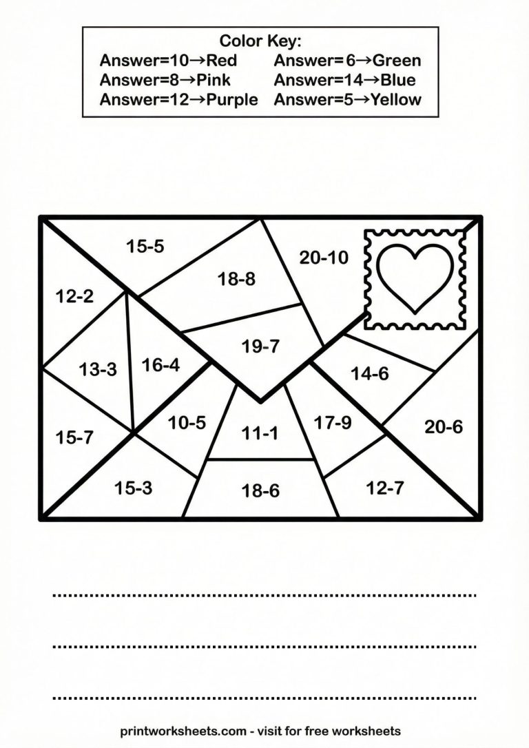 Envelope subtraction color by number within 20, 2nd grade math
